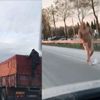 Karayolunda çıplak koşan adam paniği Karayolunda çıplak koşan adam paniği